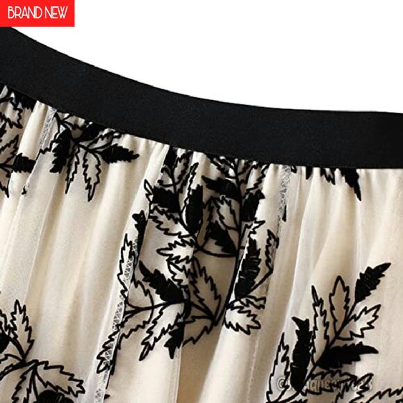 A-Line Midi Skirt Elastic Waist Tulle Layered Ruffle Fairy Pattern - Picture 3 of 6